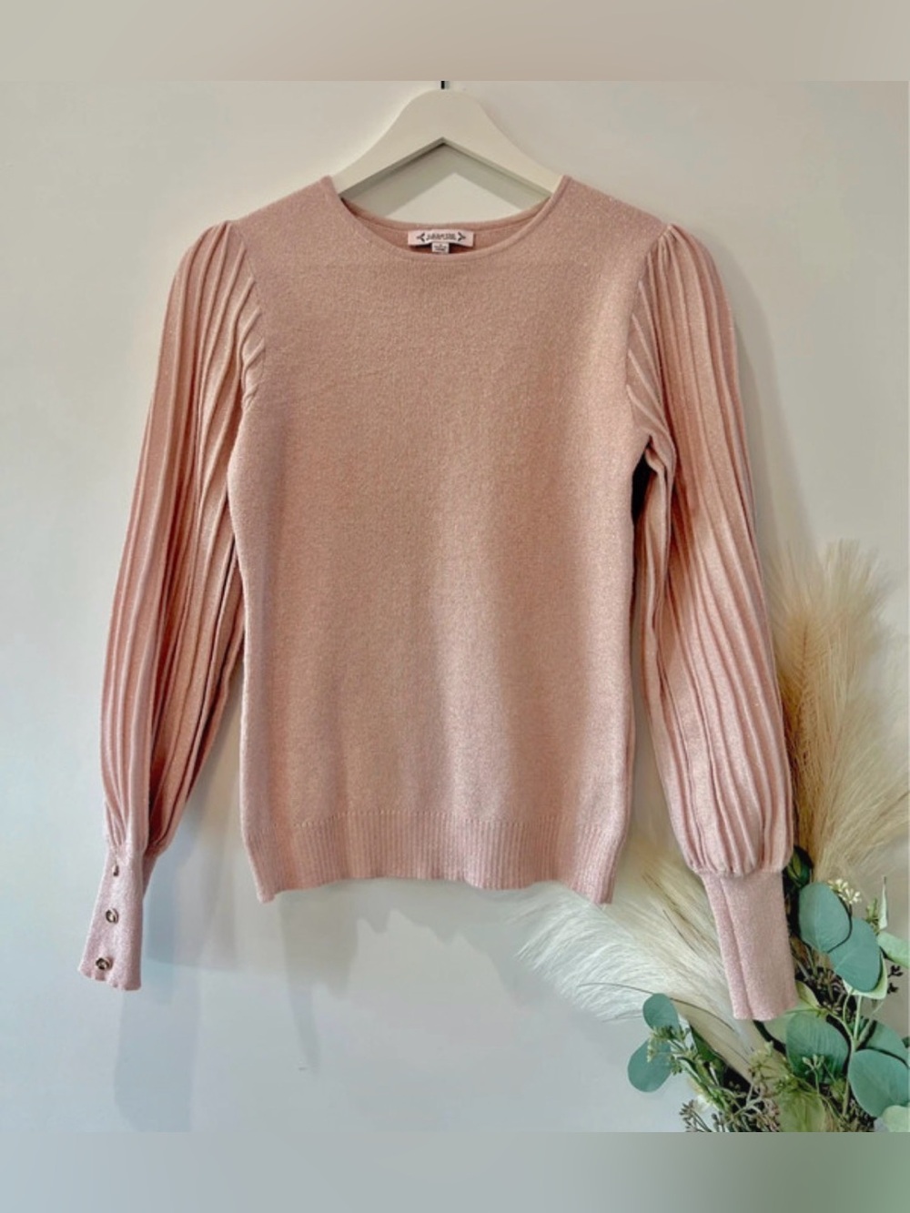 Nanette Lepore Blush Pink Pleated-Sleeve Crew Neck Sweater